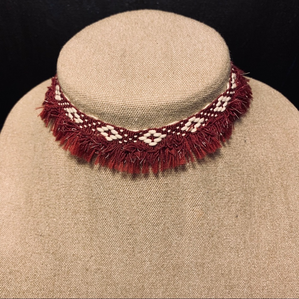Fringed Burgundy & Ivory Aztec Textile Choker